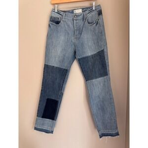 Free People Patchwork Straight Leg Jeans Blue Denim Raw Hem Size 30 boho